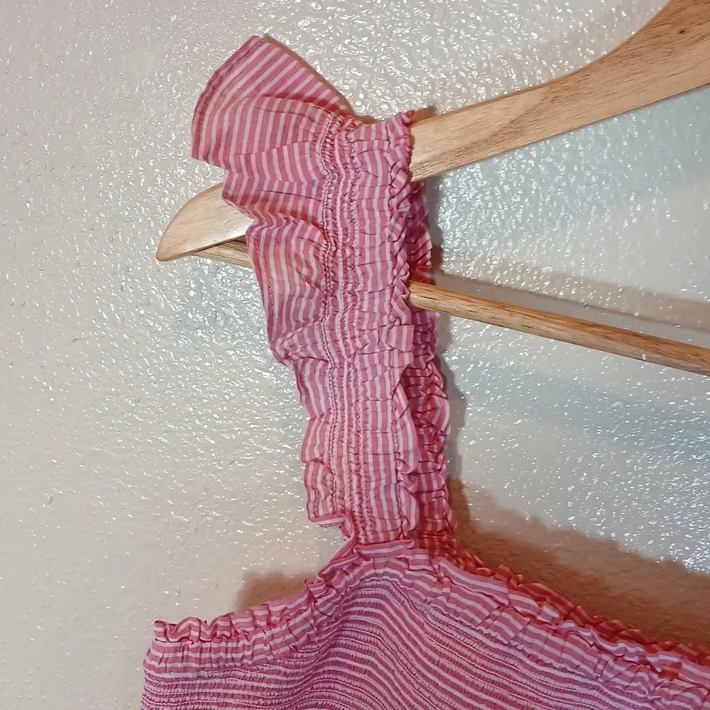 J Crew Striped smocked tiered mini dress in pink/white size Large - Picture 6 of 13